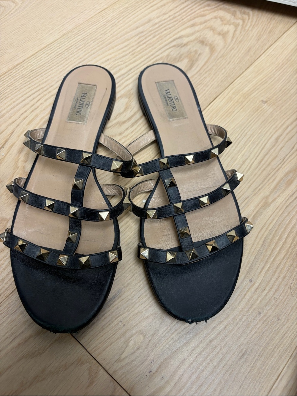 Valentino Black Leather Pyramid-Stud Slide Sandals